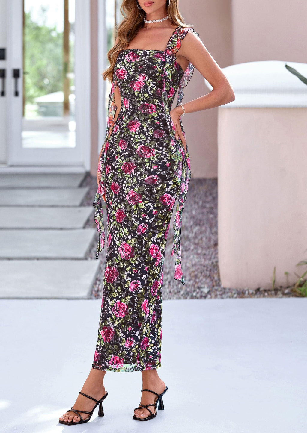 PRETTYGARDEN Floral Dress for Women  Summer Formal Ruched Lace Ruffle Spring Cocktail Wedding Guest Maxi Long Dresses