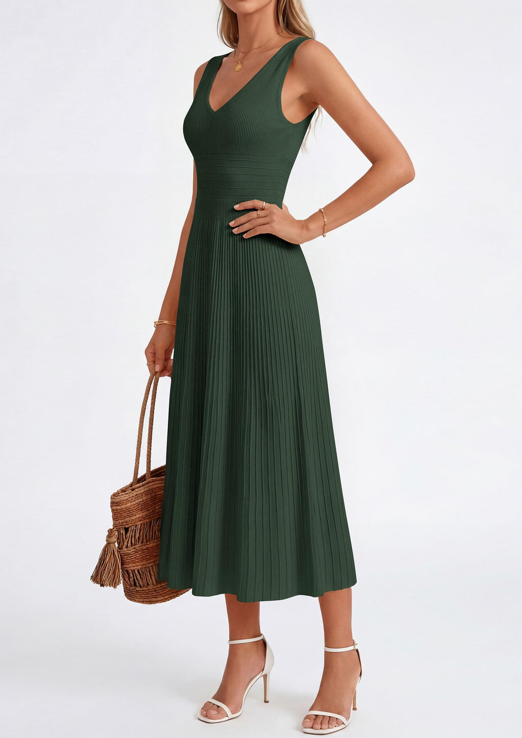 PRETTYGARDEN Women's Summer Casual Dresses Spring Sleeveless V Neck Knit Midi Business Work A Line Cocktail Dress