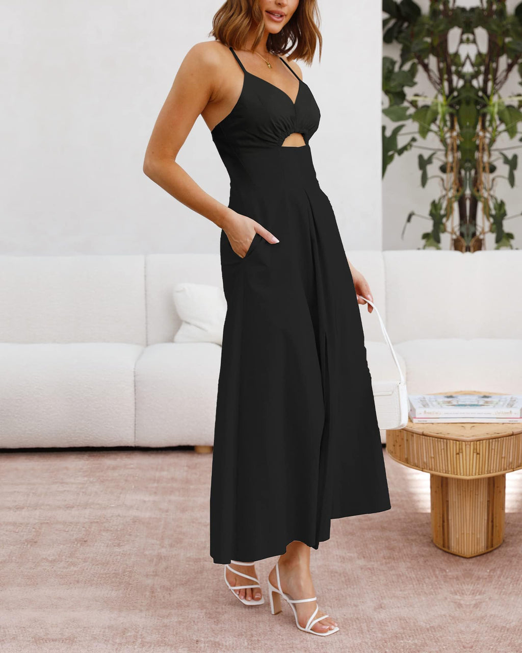 FreshPretty Women Summer Spaghetti Strap Midi Dress Sleeveless V Neck Cutout Slit Casual Beach Party Maxi Dresses Pockets