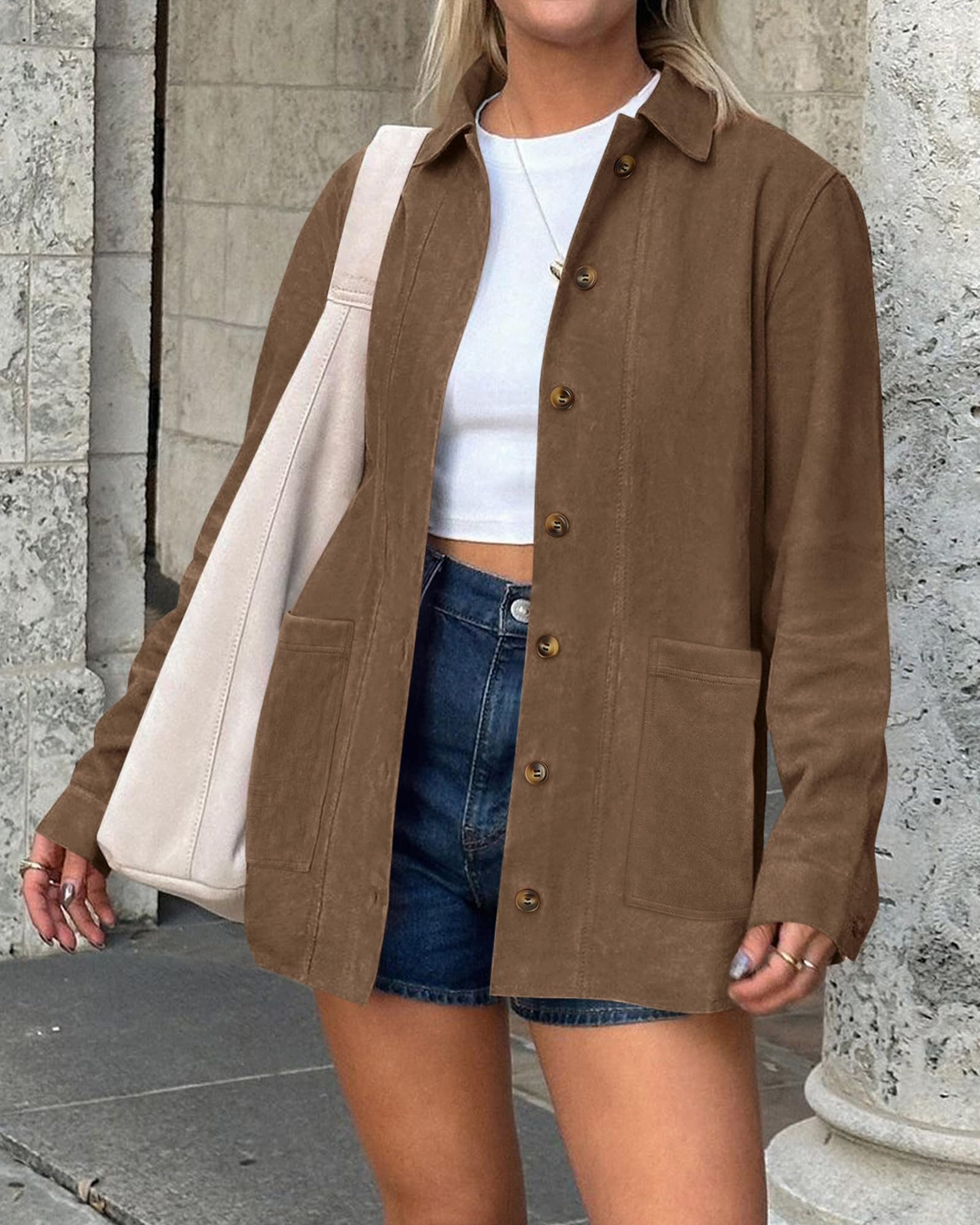 BTFBM Faux Suede Jacket Women Fall Fashion Leather Jackets Long Sleeve Button Down Winter Coats Shackets Outerwear
