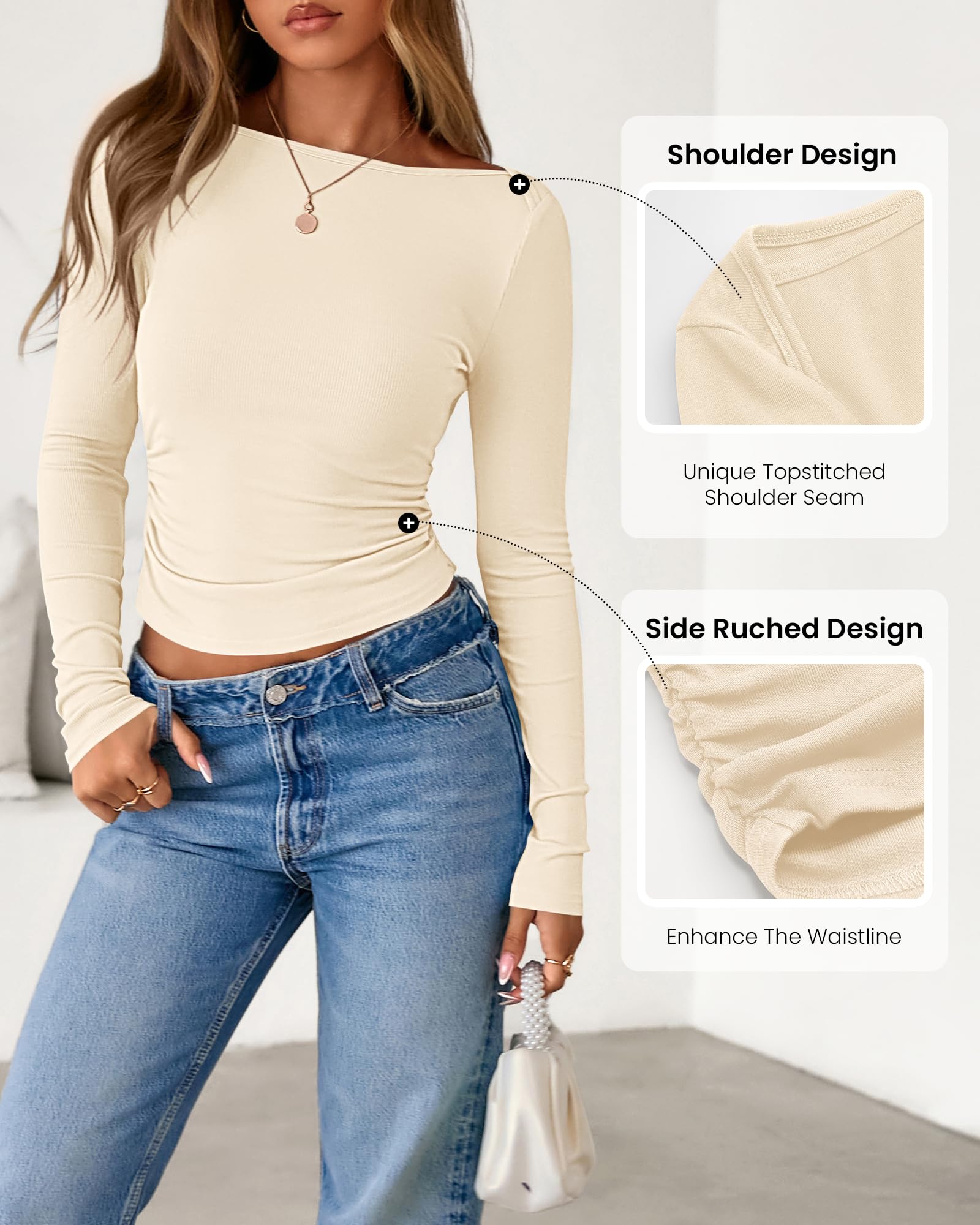 FreshPretty Womens Long Sleeve Tops Fall Fashion Ribbed Slim Fit Y2K Boat Neck T Shirts Casual Going Out Workout Outfits