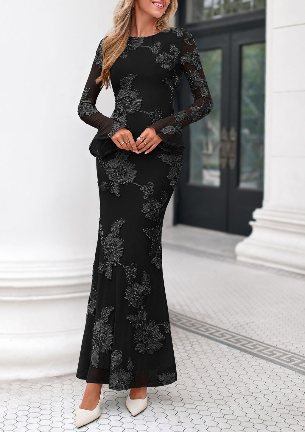 PRETTYGARDEN Women's Formal Floral Maxi Bodycon Dresses Ruffle Long Sleeve, Fall Winter Outfits 2026 for Wedding Guest, Homecoming & Cocktail, Slimming Mesh Dress with Lining