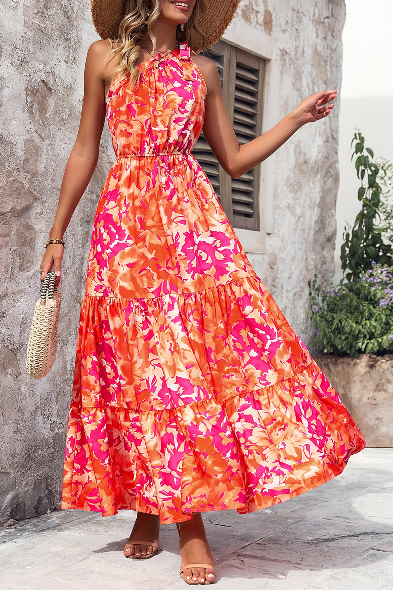 PRETTYGARDEN Women's Summer Floral One Shoulder Maxi Dress Knot Ruffle Boho Beach Vacation Wedding Guest Long Sun Dresses