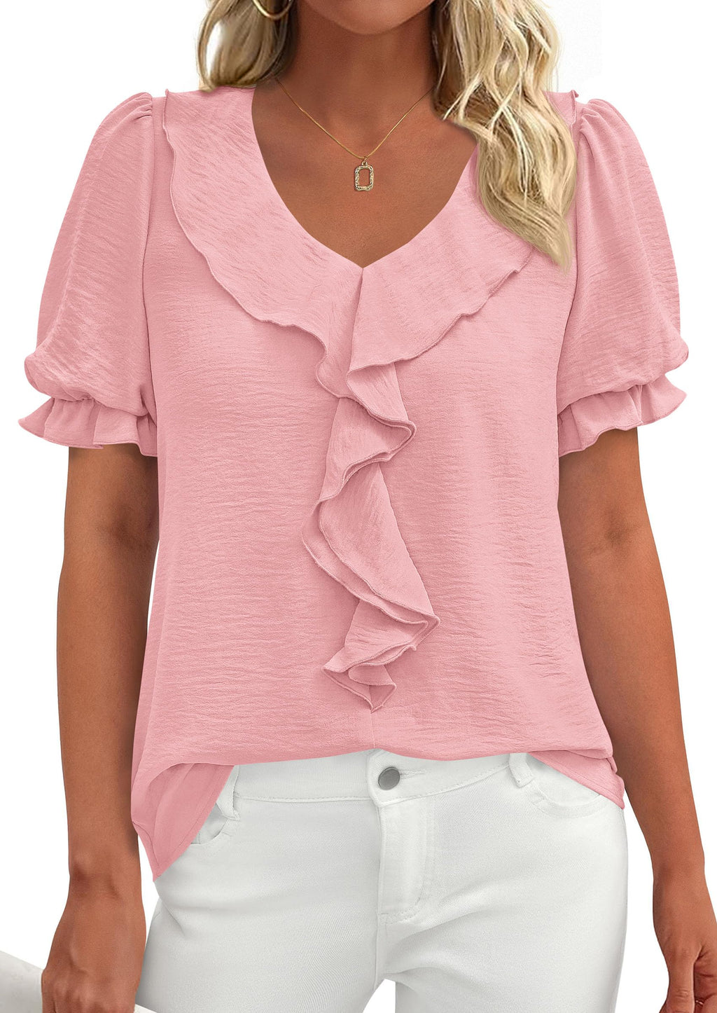 PRETTYGARDEN Women's Summer Dressy Casual Blouses Short Sleeve V Neck Ruffle Business Work Tops Trendy Spring Outfits