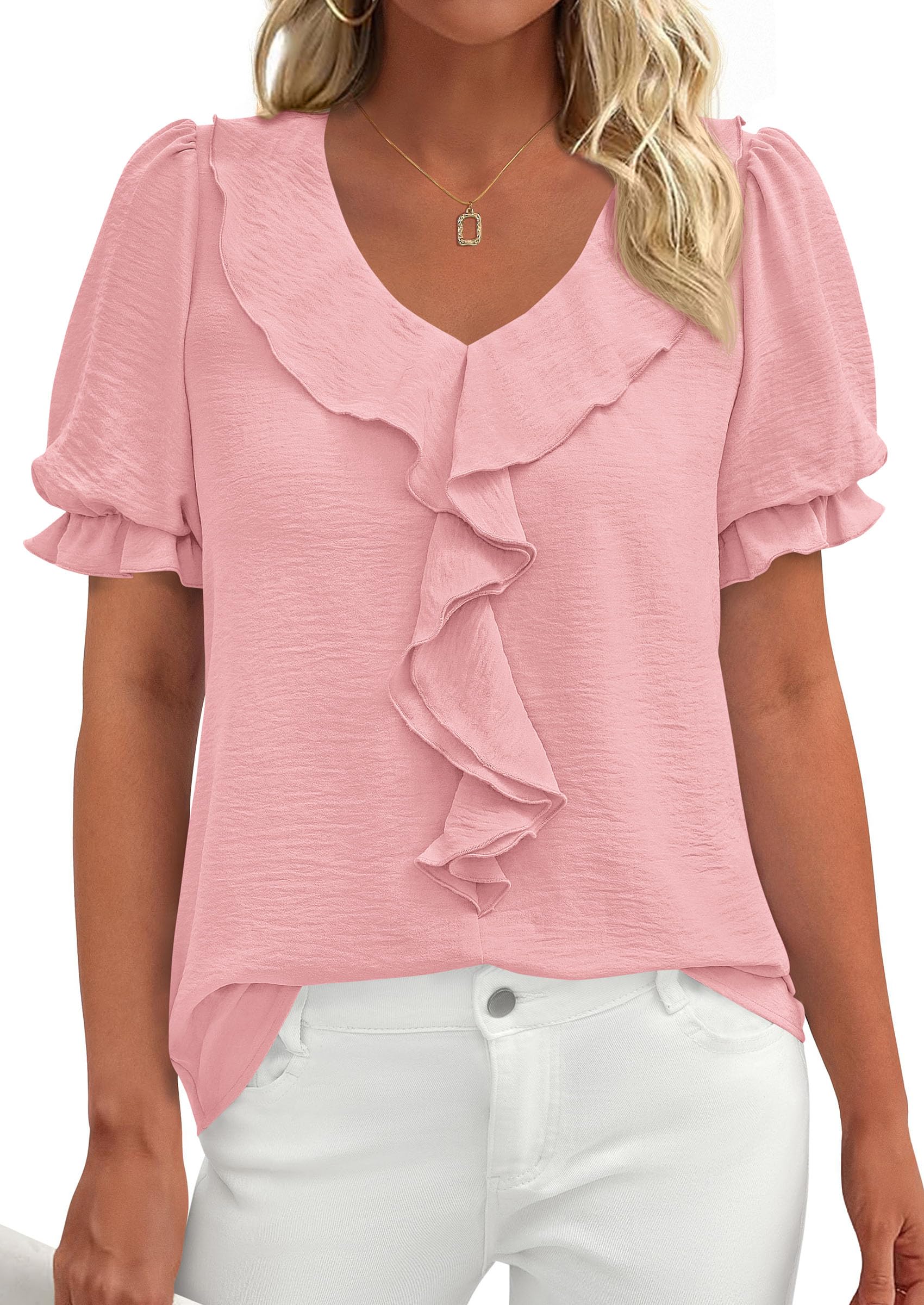 PRETTYGARDEN Women's Summer Dressy Casual Blouses Short Sleeve V Neck Ruffle Business Work Tops Trendy Spring Outfits
