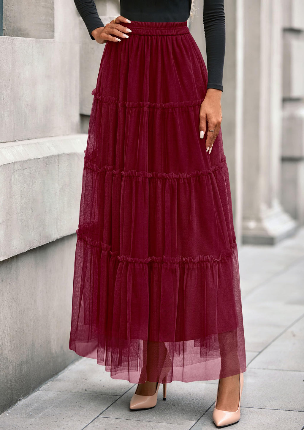 PRETTYGARDEN Tulle Skirts for Women Fall Fashion Elastic High Waisted Fairy Tiered Flowy A-Line Casual Maxi Long Skirt