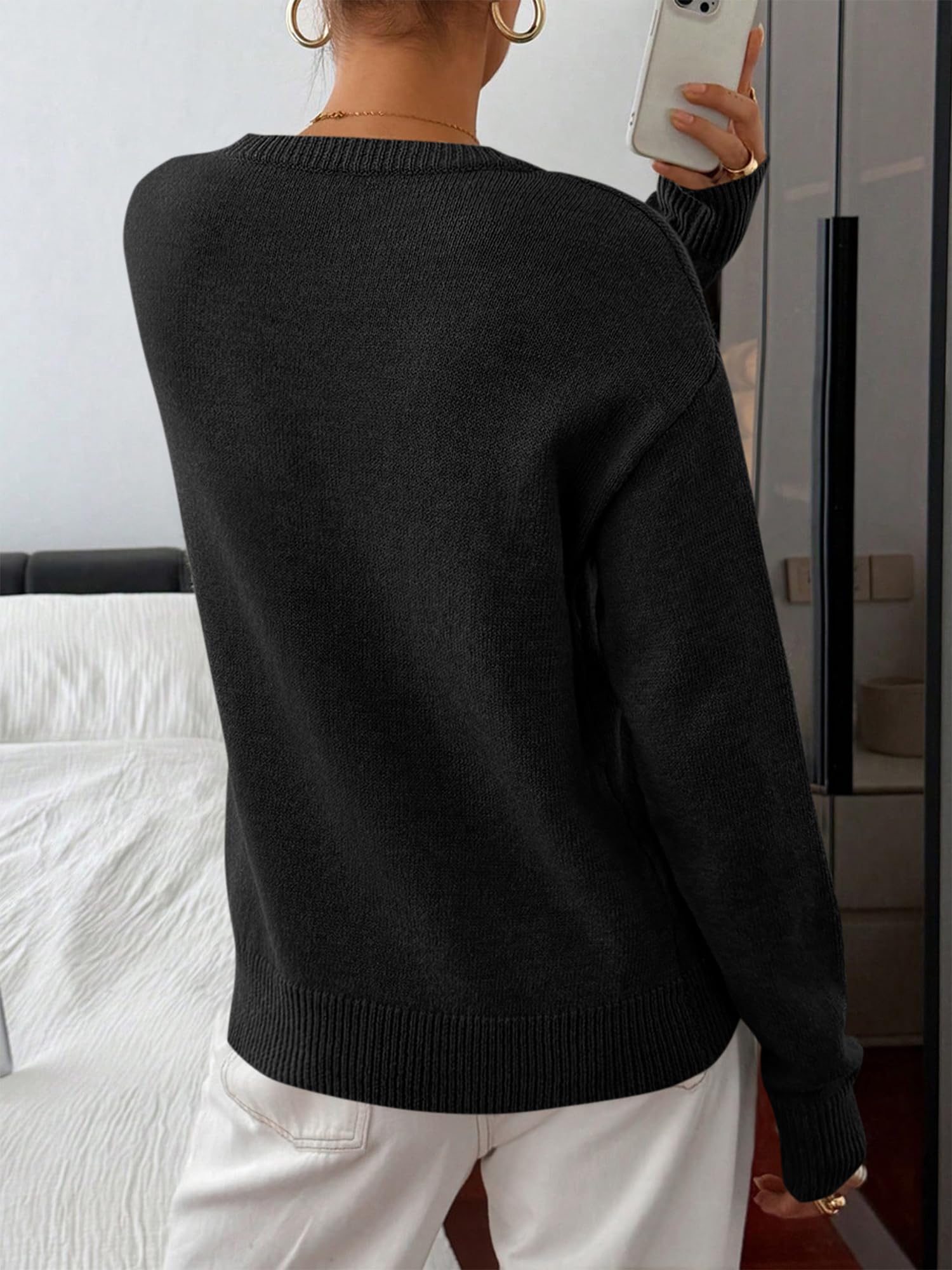 BTFBM Women Long Sleeve Crew Neck Sweaters Tops, 2 in1 Knitted Pullover, Deco Buttons, Oversized, Stretchy, Vacation, Business Casual Outfits, Fall Winter Trendy