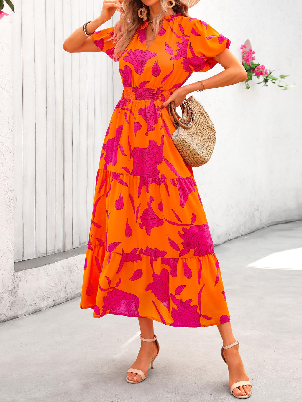 PRETTYGARDEN Summer Maxi Dresses for Women  Casual V Neck Puff Short Sleeve Smocked Flowy Beach Boho Long Floral Dress