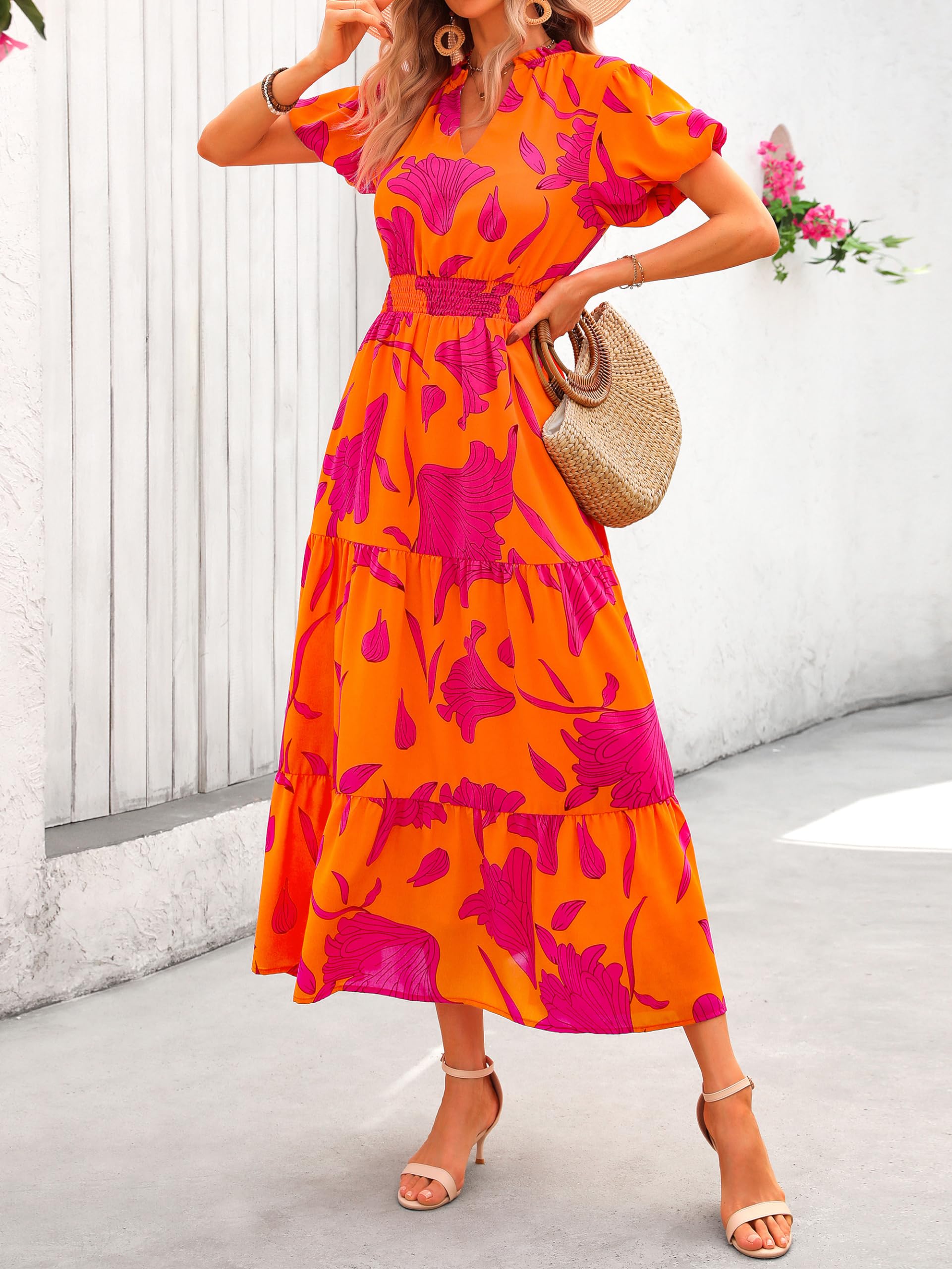 PRETTYGARDEN Summer Maxi Dresses for Women  Casual V Neck Puff Short Sleeve Smocked Flowy Beach Boho Long Floral Dress