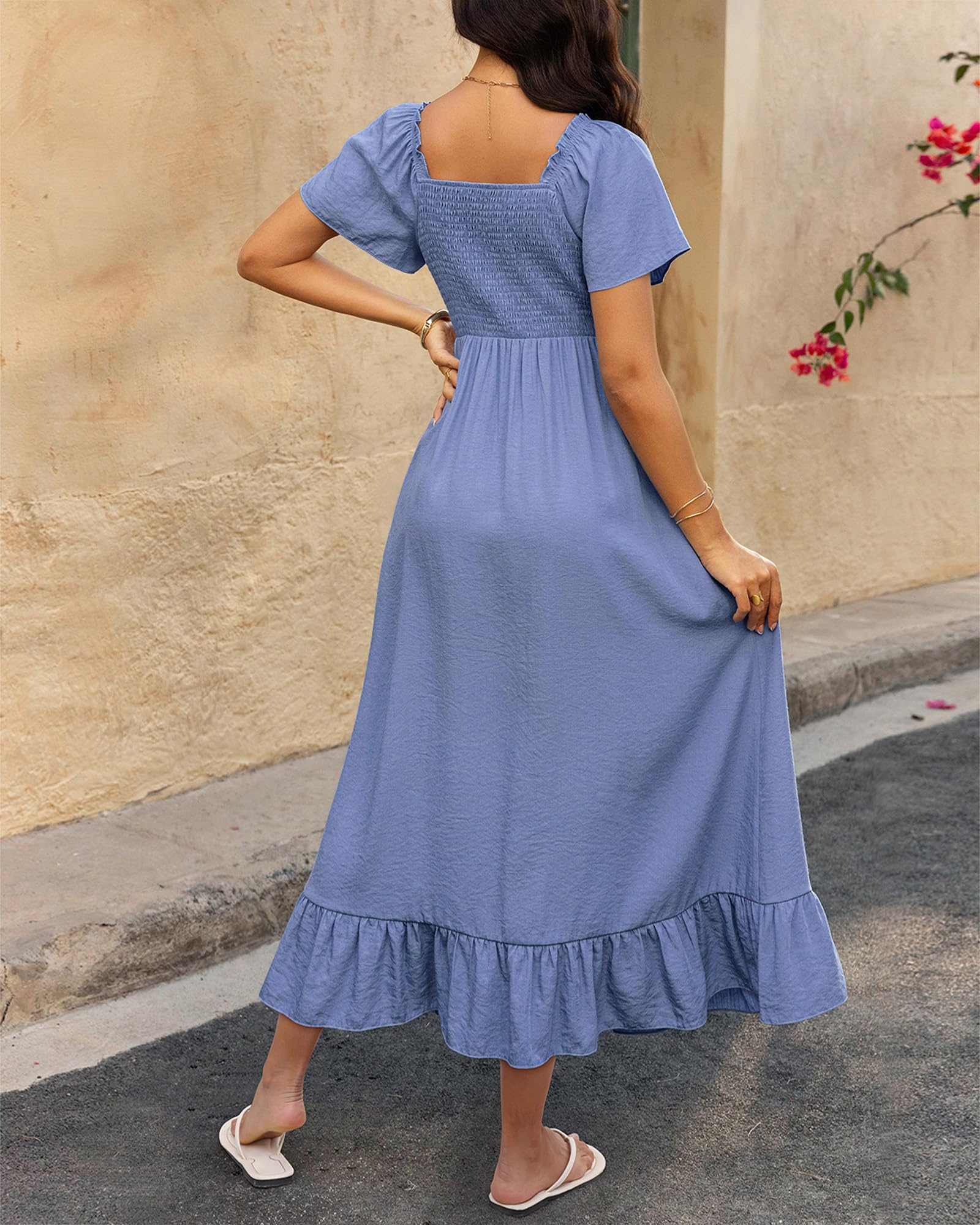 BTFBM Womens Spring Dresses Casual Short Sleeve V Neck Drawstring Wedding Guest Maxi Dresses Boho Beach Long Dress