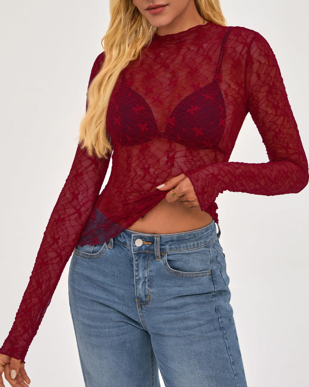BTFBM Womens Tops Mesh Lace Long Sleeve Tops for Women Spring Fall Sheer See Through Tight Party Club Outfits