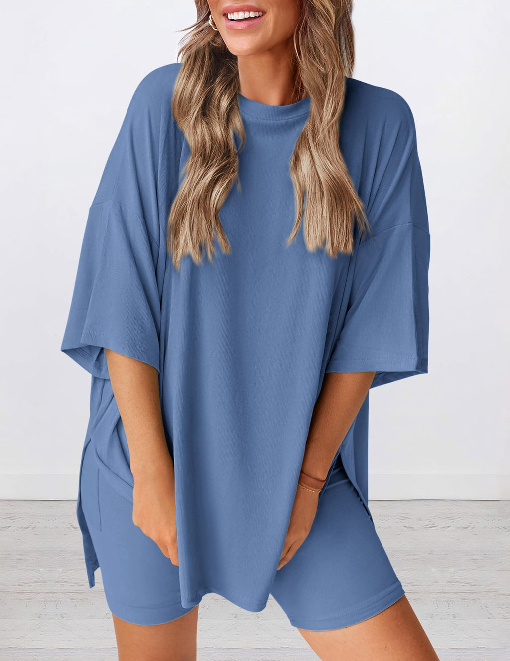 PRETTYGARDEN Women's Two Piece Lounge Set Summer Casual Oversized Shirts Biker Shorts Matching Airport Travel Outfit