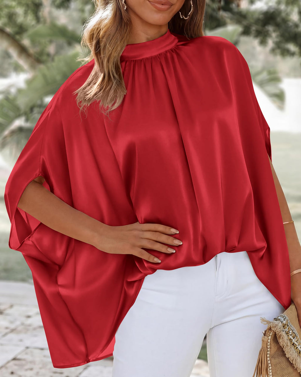 BTFBM Womens Summer Tops Mock Neck Batwing Sleeve Silk Satin Shirts Loose Oversized Dressy Casual Spring Blouses