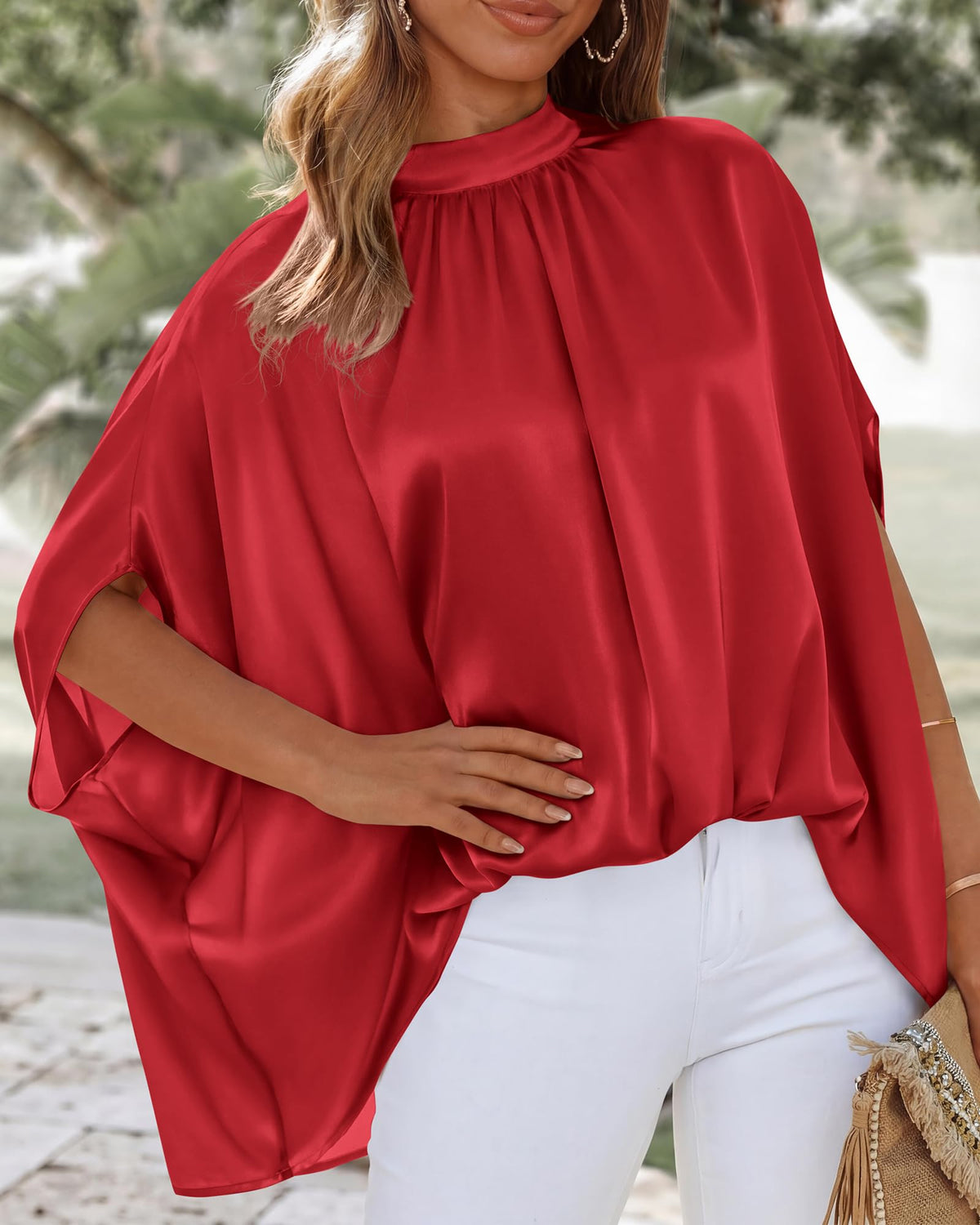 BTFBM Womens Summer Tops Mock Neck Batwing Sleeve Silk Satin Shirts Loose Oversized Dressy Casual Spring Blouses