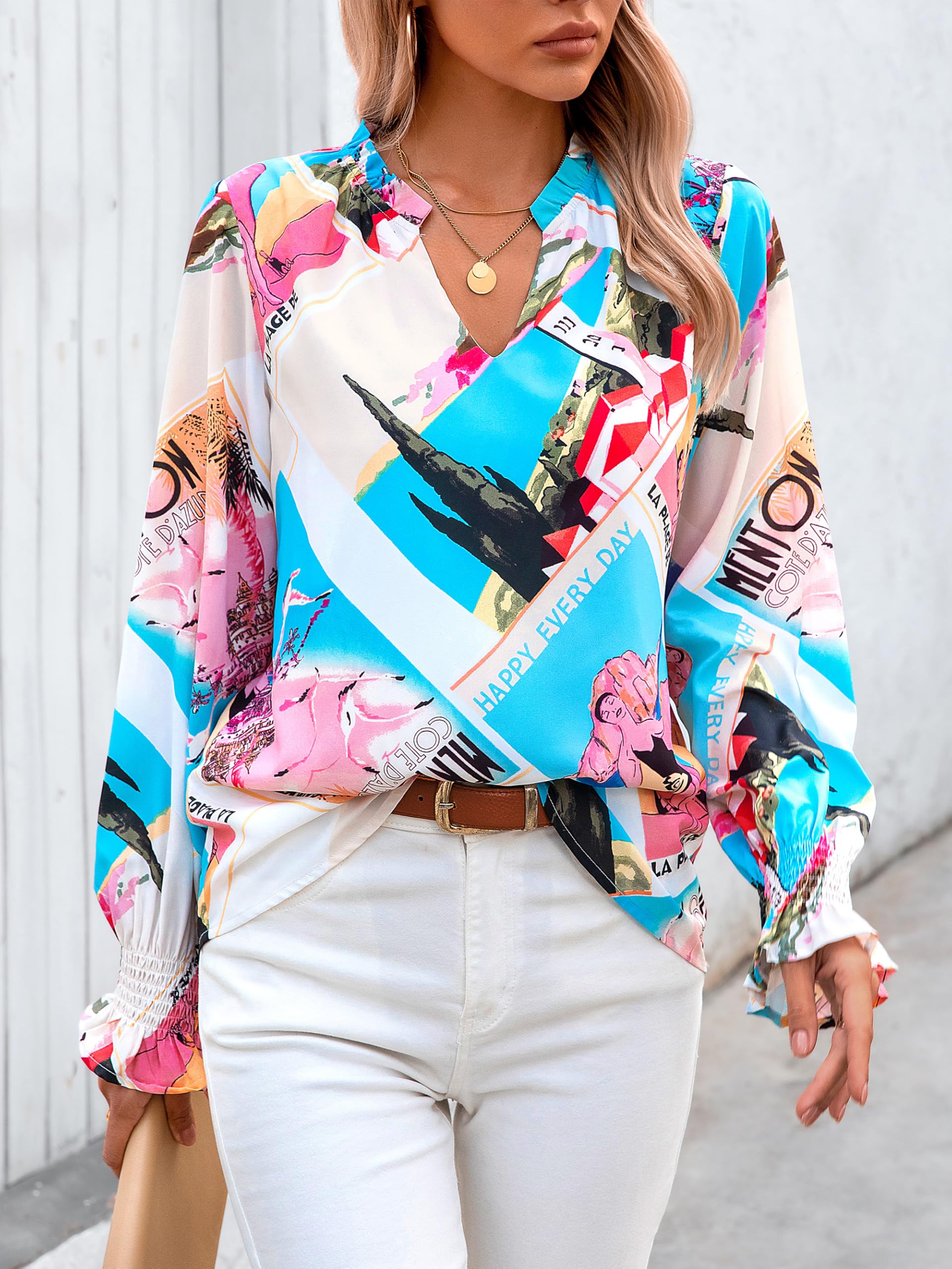 FreshPretty Womens V Neck Floral Long Sleeve Tops Summer Casual Loose Puff Sleeve Chiffon Boho Work Blouse Dressy T Shirts