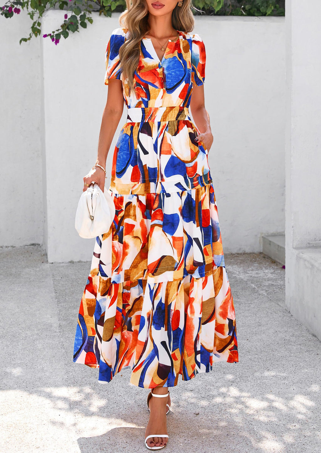 PRETTYGARDEN Summer Maxi Dresses for Women  Casual V Neck Puff Short Sleeve Smocked Flowy Beach Boho Long Floral Dress