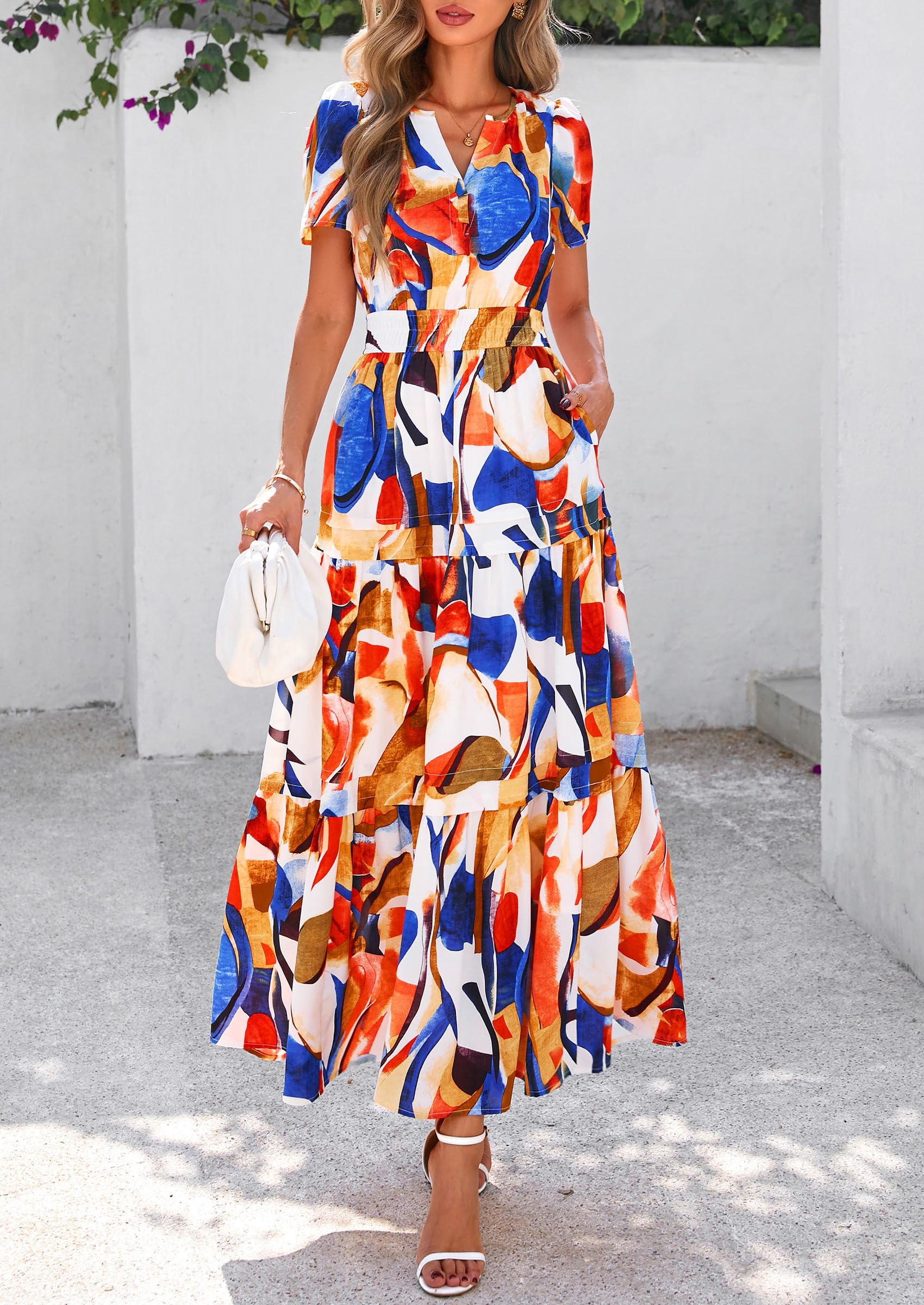 PRETTYGARDEN Summer Maxi Dresses for Women  Casual V Neck Puff Short Sleeve Smocked Flowy Beach Boho Long Floral Dress