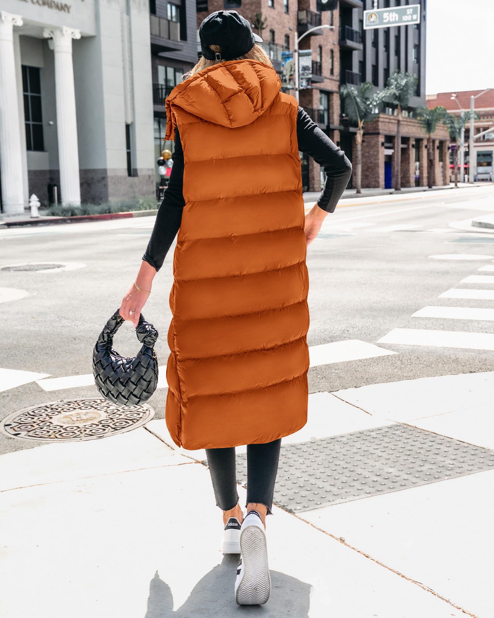 FreshPretty Long Puffer Vest Women Quilted Hooded Button Down Zip Up Sleeveless Vests Outerwear Padded Jacket Fall Winter Coat