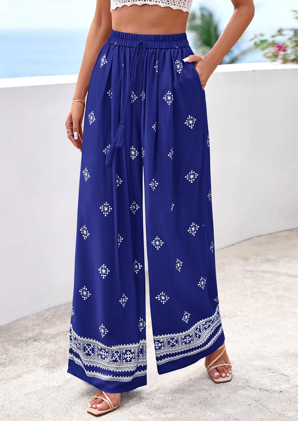 PRETTYGARDEN Women's Wide Leg Palazzo Pants Summer Boho Floral Trousers Spring Flowy Beach Vacation Clothes Resort Wear