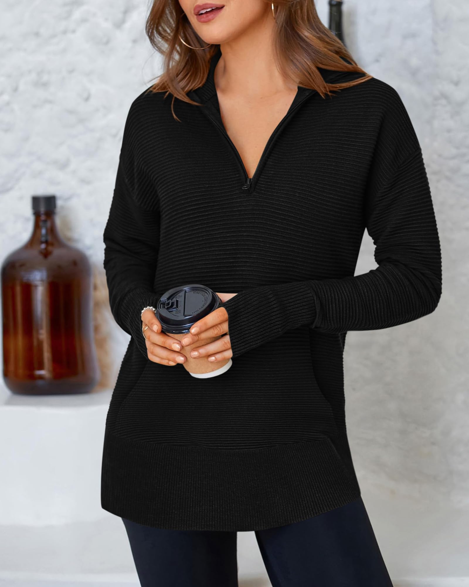 BTFBM Sweaters for Women Fall Clothes Pocket Quarter Zip Pullover V Neck Long Sleeve Knit Trendy Winter Sweater