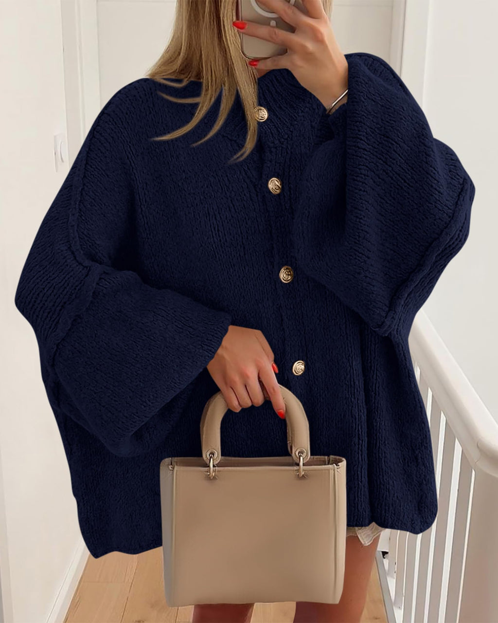 FreshPretty Cardigan Sweaters for Women Fall Clothes Lantern Long Sleeve Button Open Front Chunky Knit Oversized Sweater