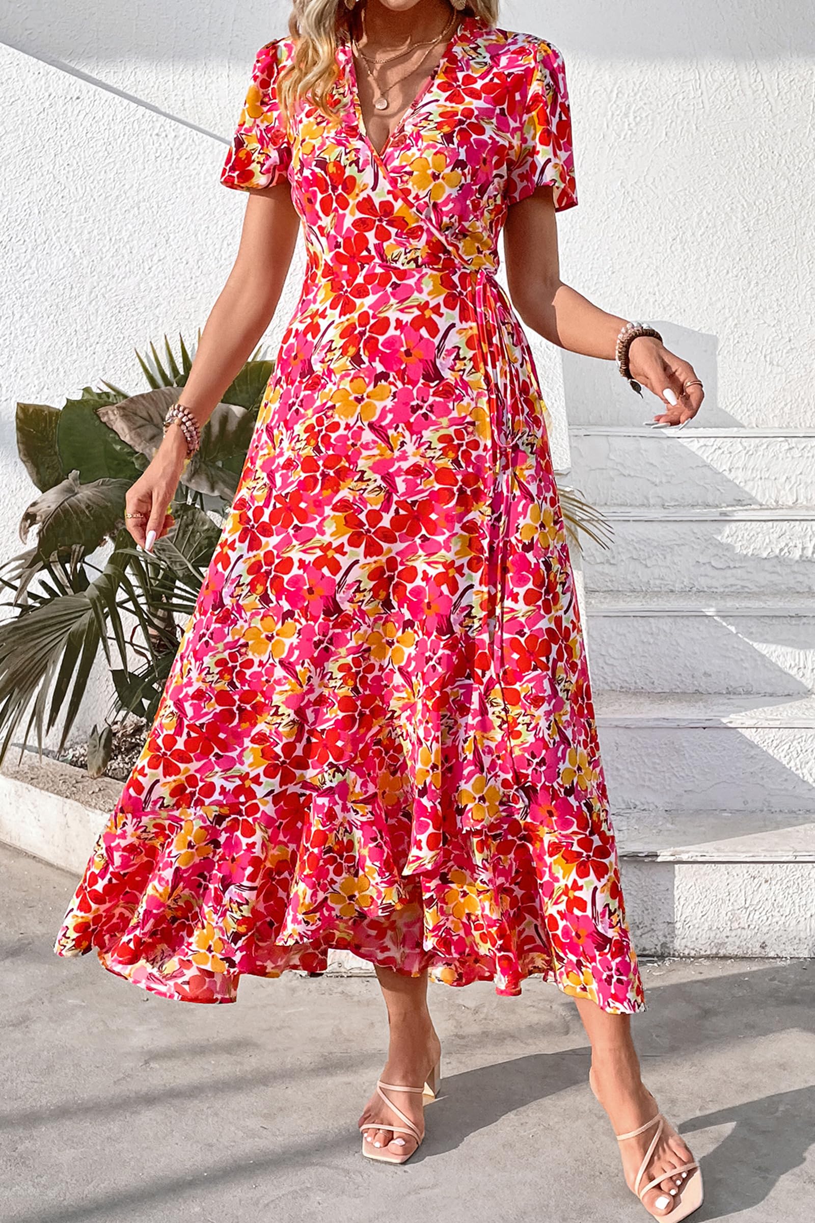 PRETTYGARDEN Women's Summer Maxi Dress Casual Wrap Floral Boho Short Sleeve V Neck Split Ruffle Beach Long Dresses