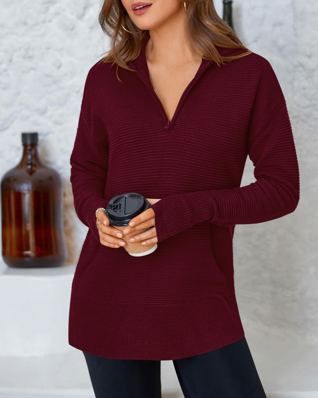 BTFBM Sweaters for Women Fall Clothes Pocket Quarter Zip Pullover V Neck Long Sleeve Knit Trendy Winter Sweater