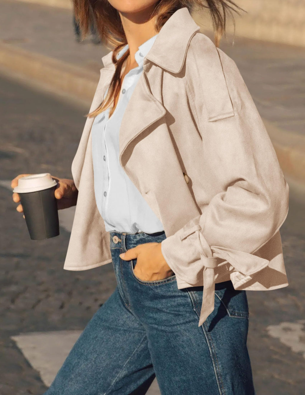 PRETTYGARDEN Women Faux Suede Double Breasted Trench Coat Cropped Jackets Raglan Long Sleeve,Lapel,Tie Cuff,Button Down,Fall Fashion Outerwear,Winter Clothes,Work Office Casual Short Jacket