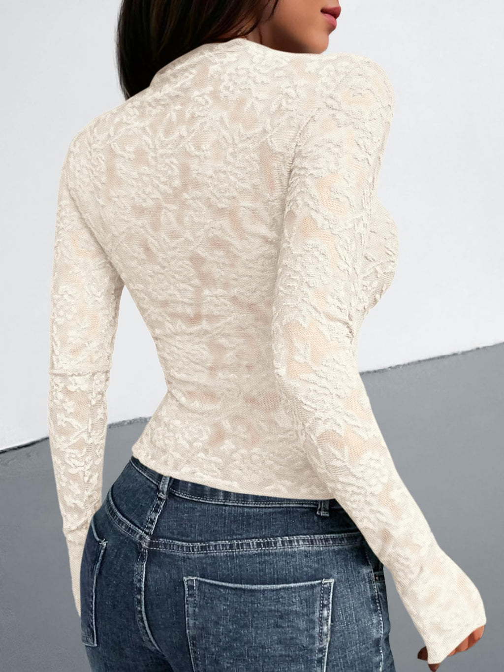 FreshPretty Mesh Long Sleeve Tops for Women Lace Sexy Sheer Tight See Through Crew Neck Spring Fall Party Club Outfits