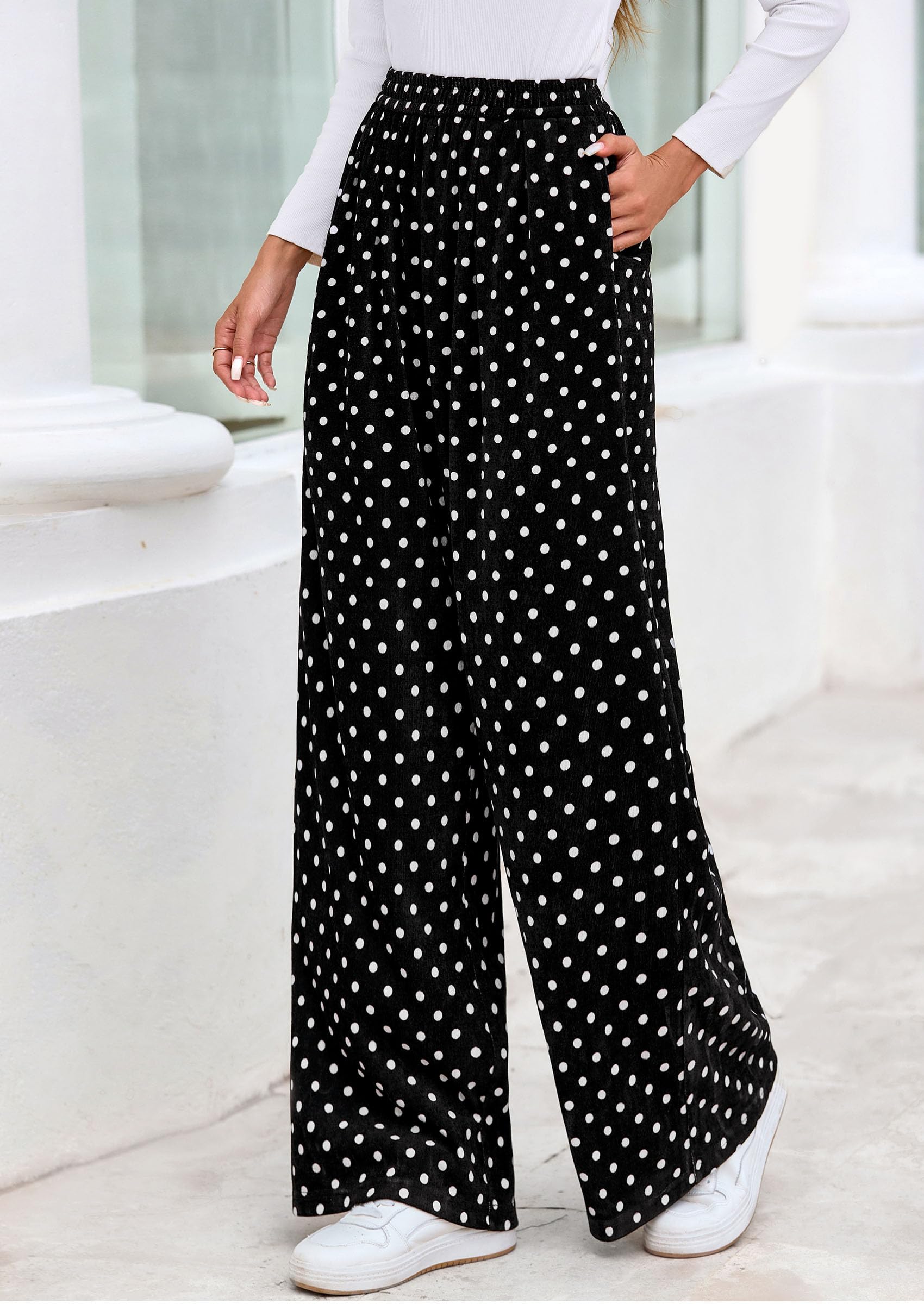 PRETTYGARDEN Casual Women's Pants Elastic Waist Palazzo Long Pajama Wide Leg Trousers Knit Fall Outfits with Pockets