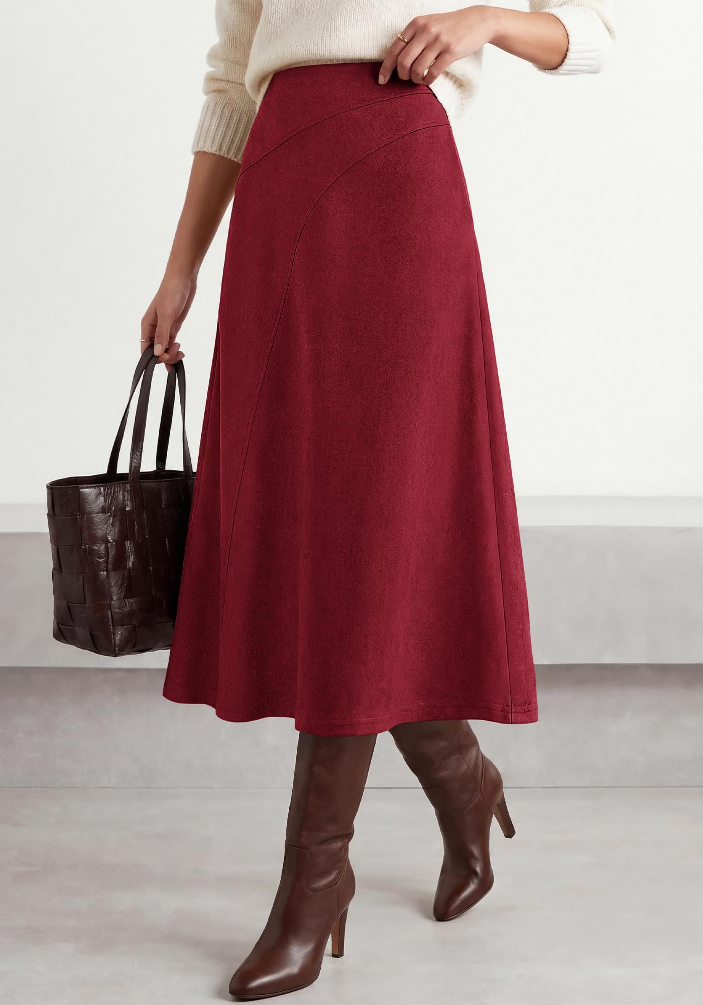 BTFBM Women Faux Suede Midi Long Skirt Fall Fashion | High Waisted Skirts For Women Trendy, Lightweight, Back Elastic, Arc Line Design, A-Line, Winter Dress, Boho Western Outfits