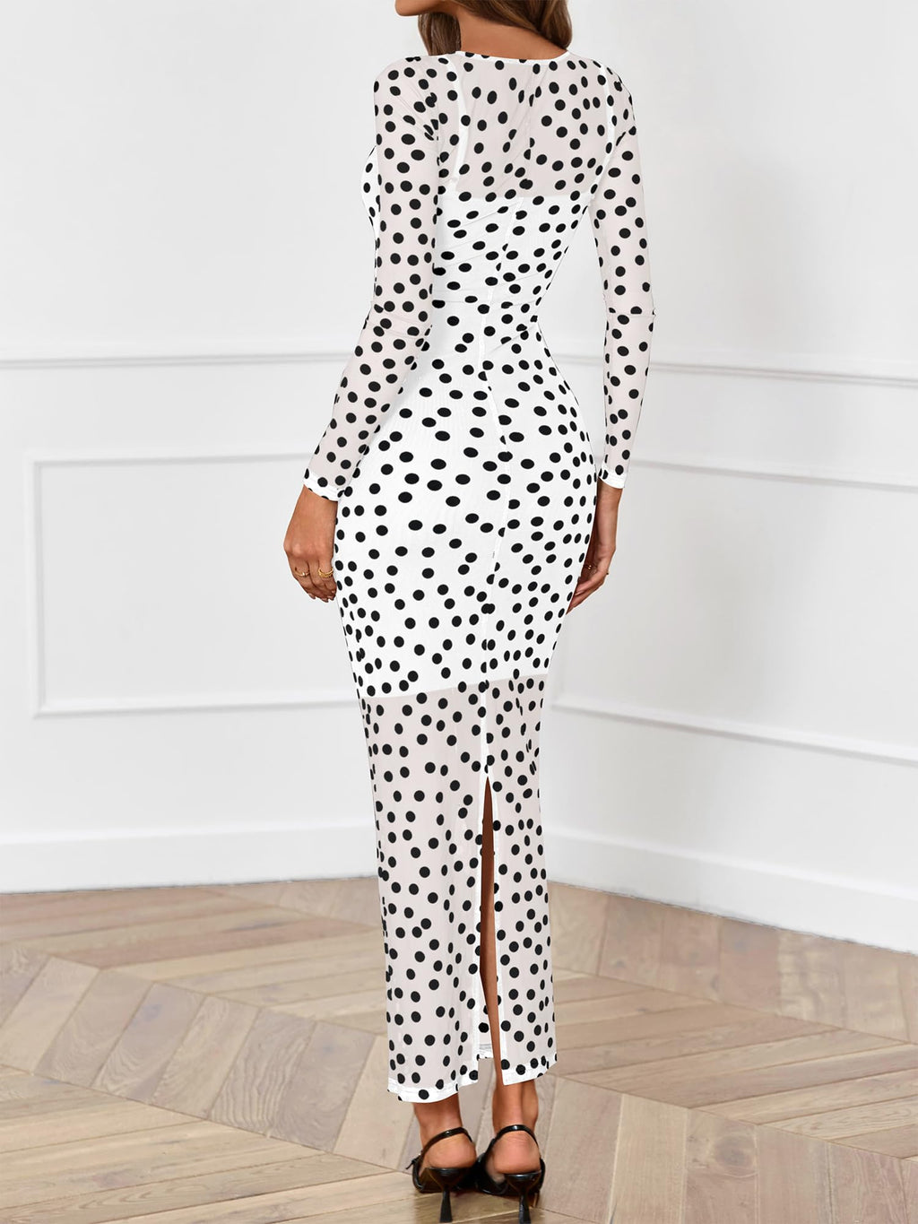 BTFBM Spring Dresses for Women 2 Piece Set Long Sleeve Polka Dot Sexy Bodycon Mesh Dress and Slip Dress Wedding
