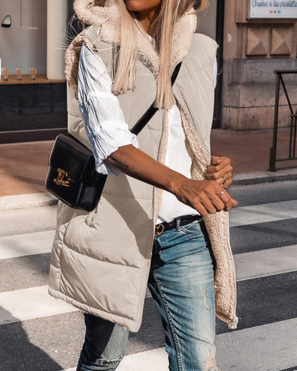 BTFBM Long Puffer Vest Women Fleece Sherpa Jacket Sleeveless Hooded Reversible Zip Up Winter Coat Fall Vests Outerwear