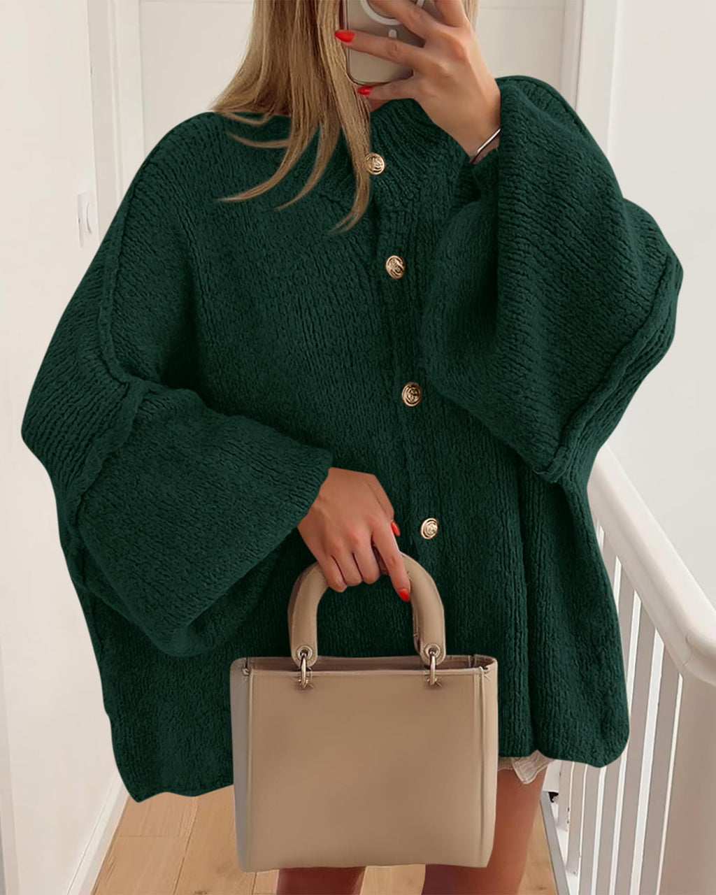 BTFBM Cardigan Sweaters for Women Fall Clothes Lantern Long Sleeve Button Open Front Chunky Knit Oversized Sweater