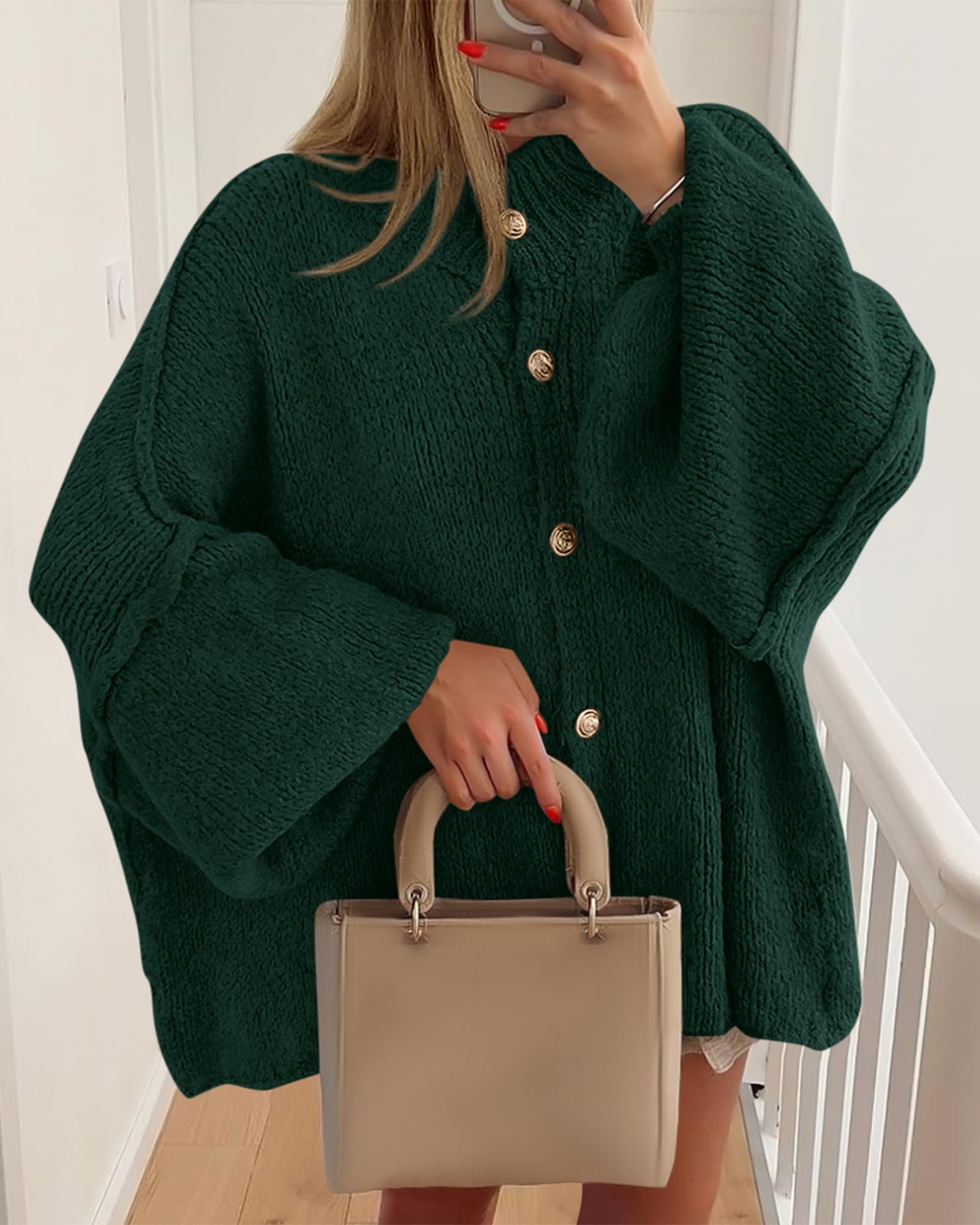BTFBM Cardigan Sweaters for Women Fall Clothes Lantern Long Sleeve Button Open Front Chunky Knit Oversized Sweater