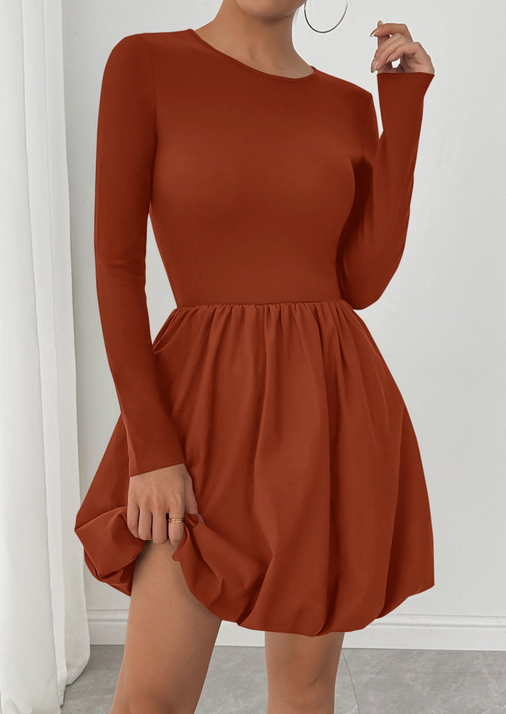 PRETTYGARDEN Fall Dresses for Women Casual Long Sleeve Bubble Cute Crew Neck A Line Mini Short Dress with Pockets