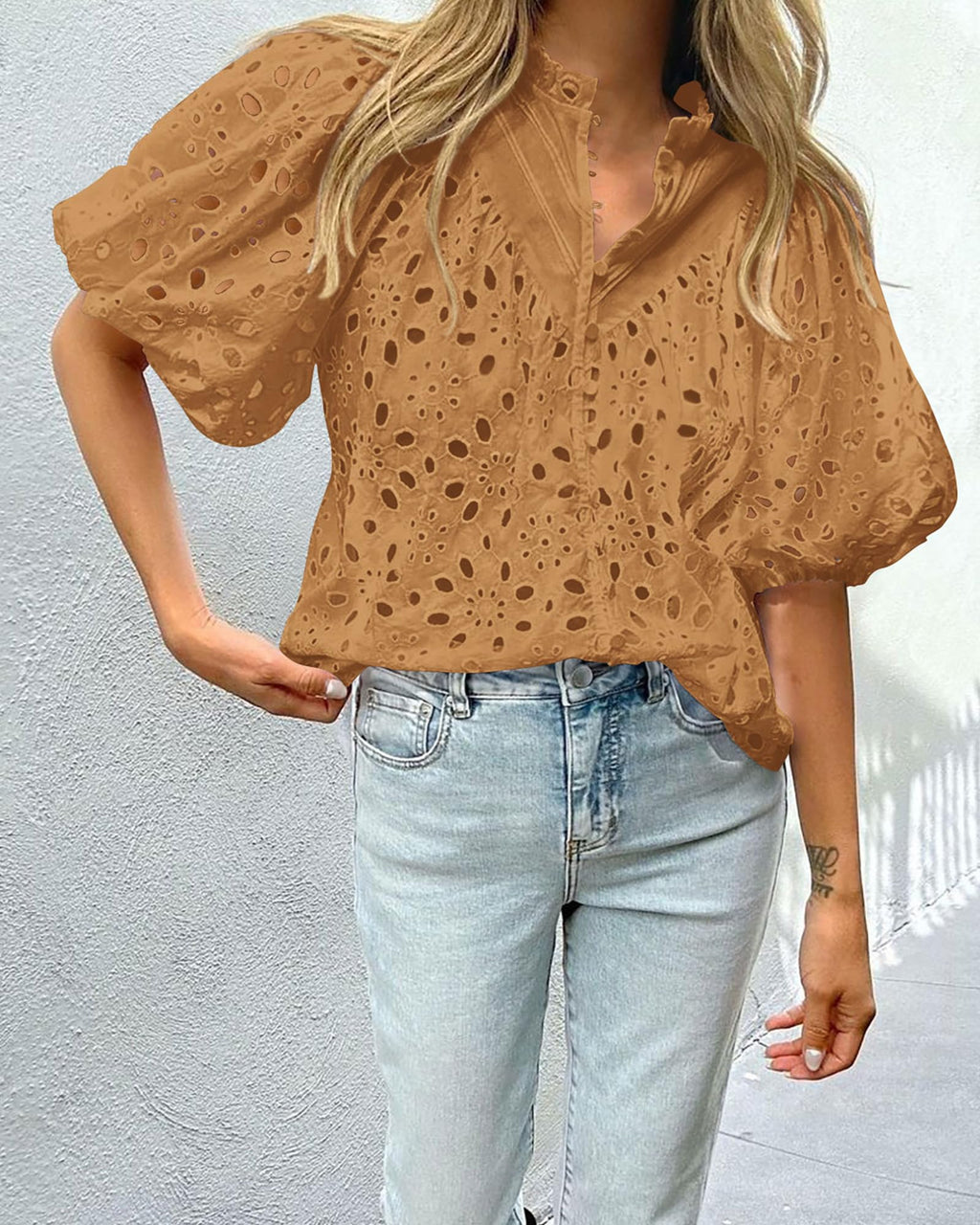PRETTYGARDEN Women's Summer Tops Dressy Casual Short Sleeve V Neck Buttons Hollow Out Lace Embroidered Blouses Shirts