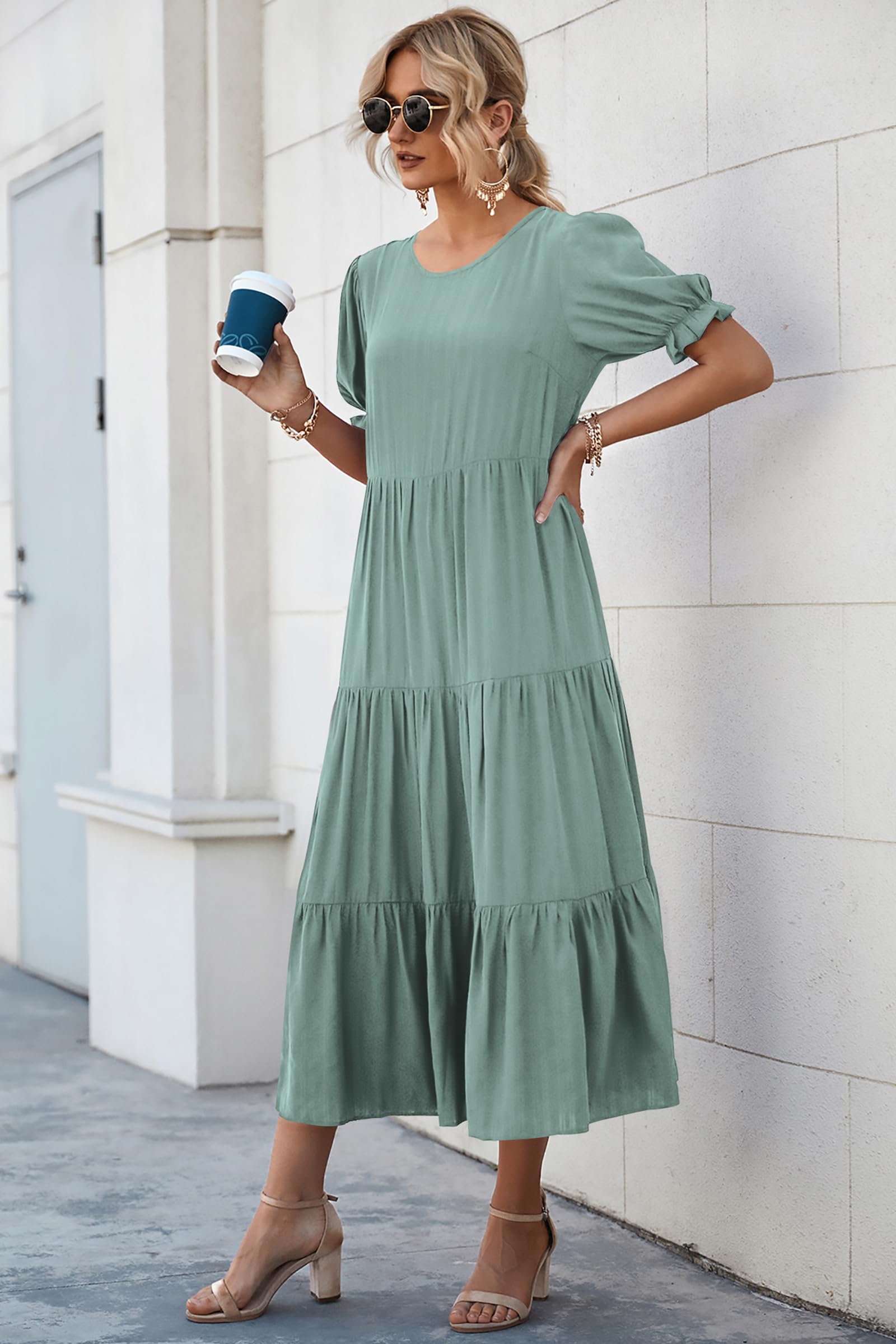 PRETTYGARDEN Summer Dresses for Women Casual Floral Boho Midi Sun Dress Puff Short Sleeve Flowy Beach Vacation Sundress