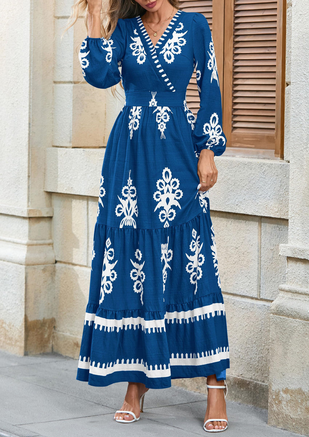 PRETTYGARDEN Women's Fall Wedding Guest Dresses Boho Floral Long Sleeve V Neck Flowy Elegant Maxi Dress Beach Clothes
