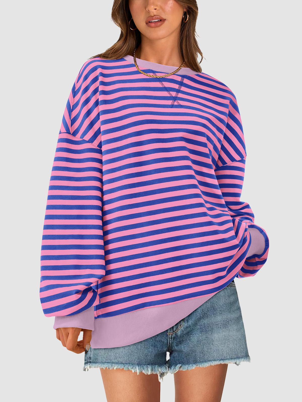 PRETTYGARDEN Womens Striped Oversized Sweatshirt Color Block Crew Neck Long Sleeve Casual Loose Pullover Top Y2K Clothes