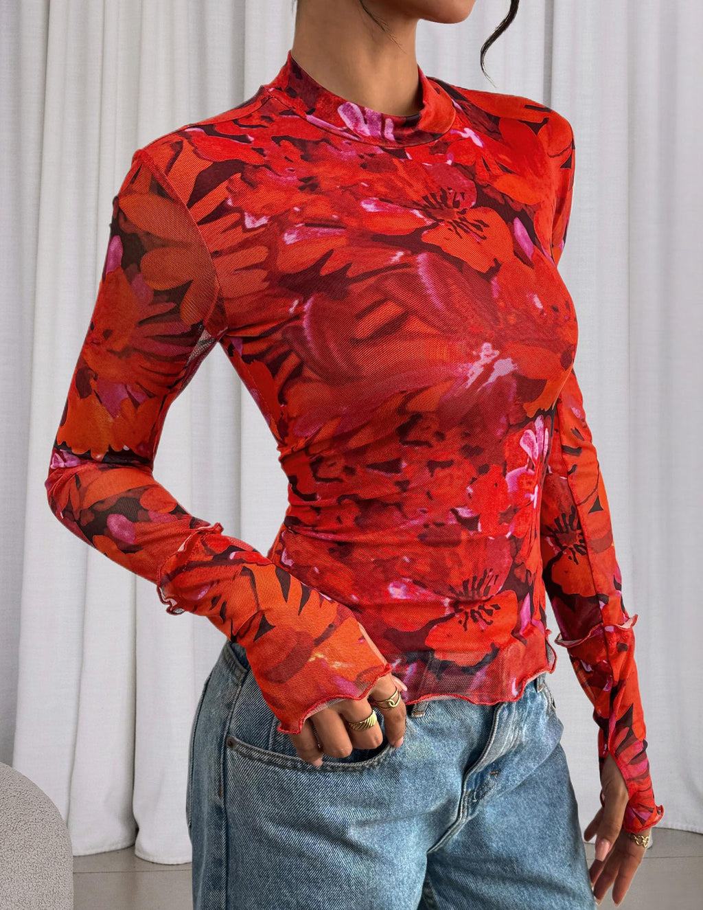 PRETTYGARDEN Womens Fall Mesh Floral Blouses Long Sleeve Going Out Tops Slim Fitted Shirts Date Night Outfits