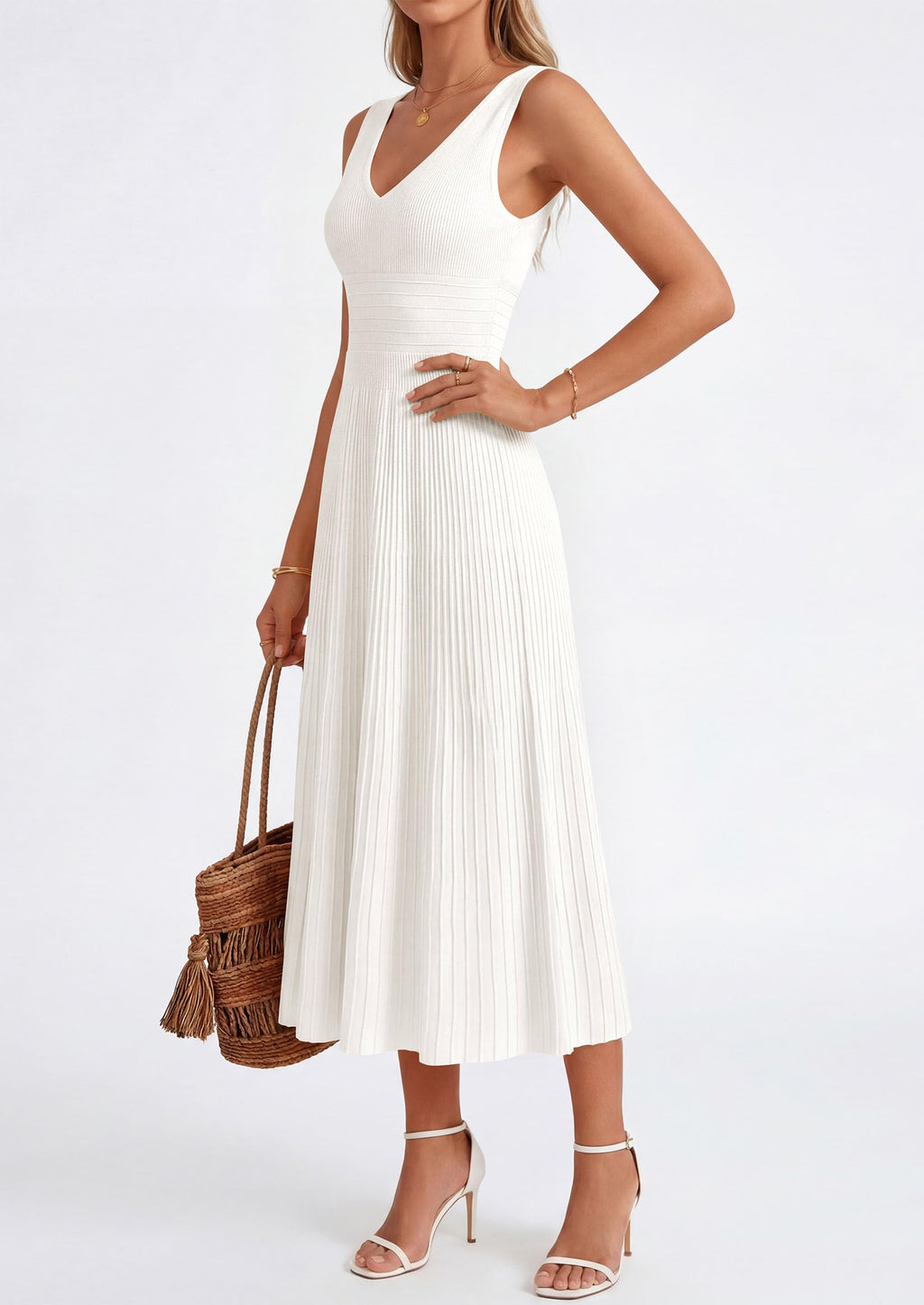 PRETTYGARDEN Women's Summer Casual Dresses Spring Sleeveless V Neck Knit Midi Business Work A Line Cocktail Dress