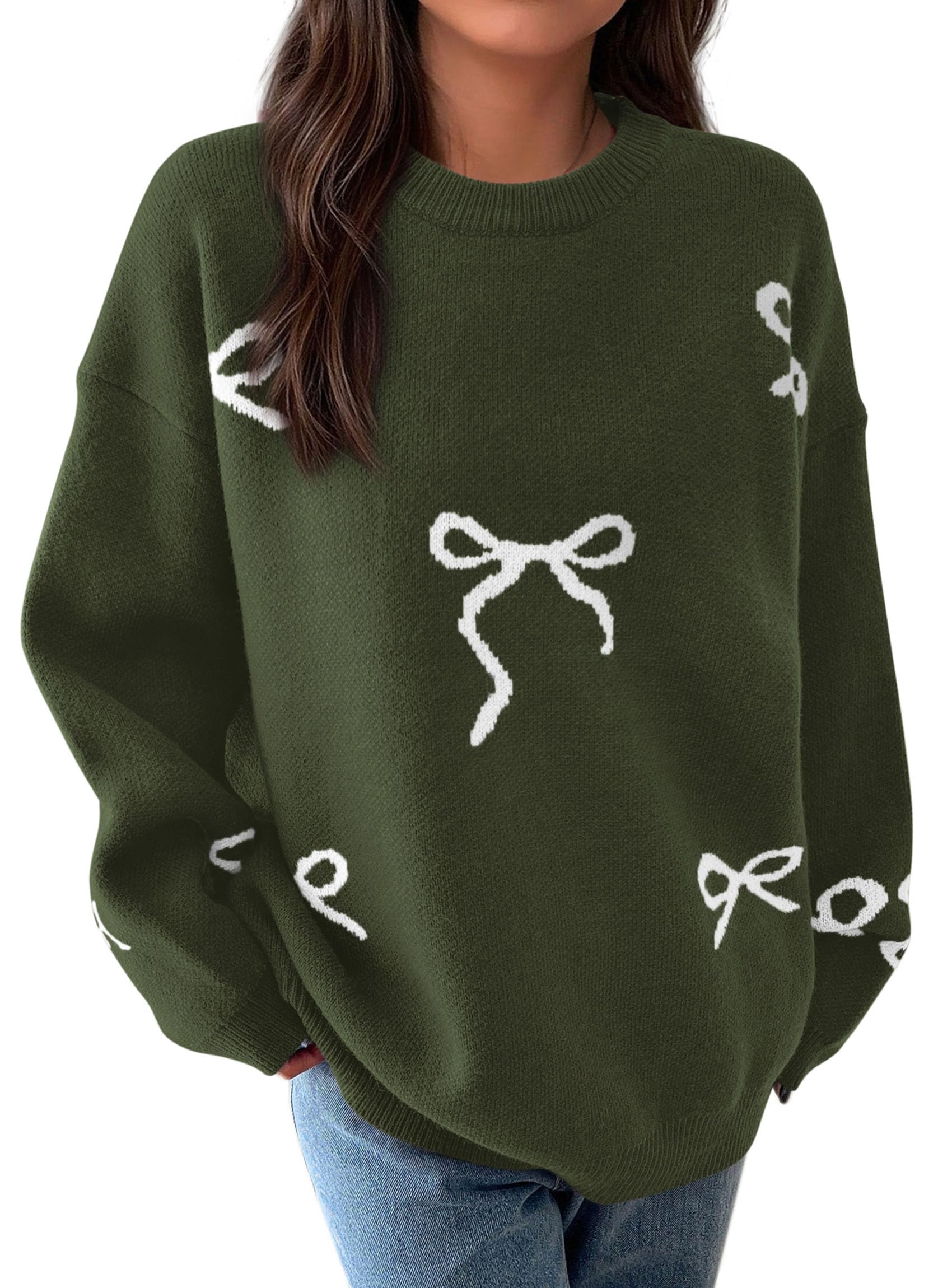 PRETTYGARDEN Fall Long Sleeve Pullover Sweaters for Women Trendy Crewneck Casual Cute Bow Chunky Knit Oversized Sweater