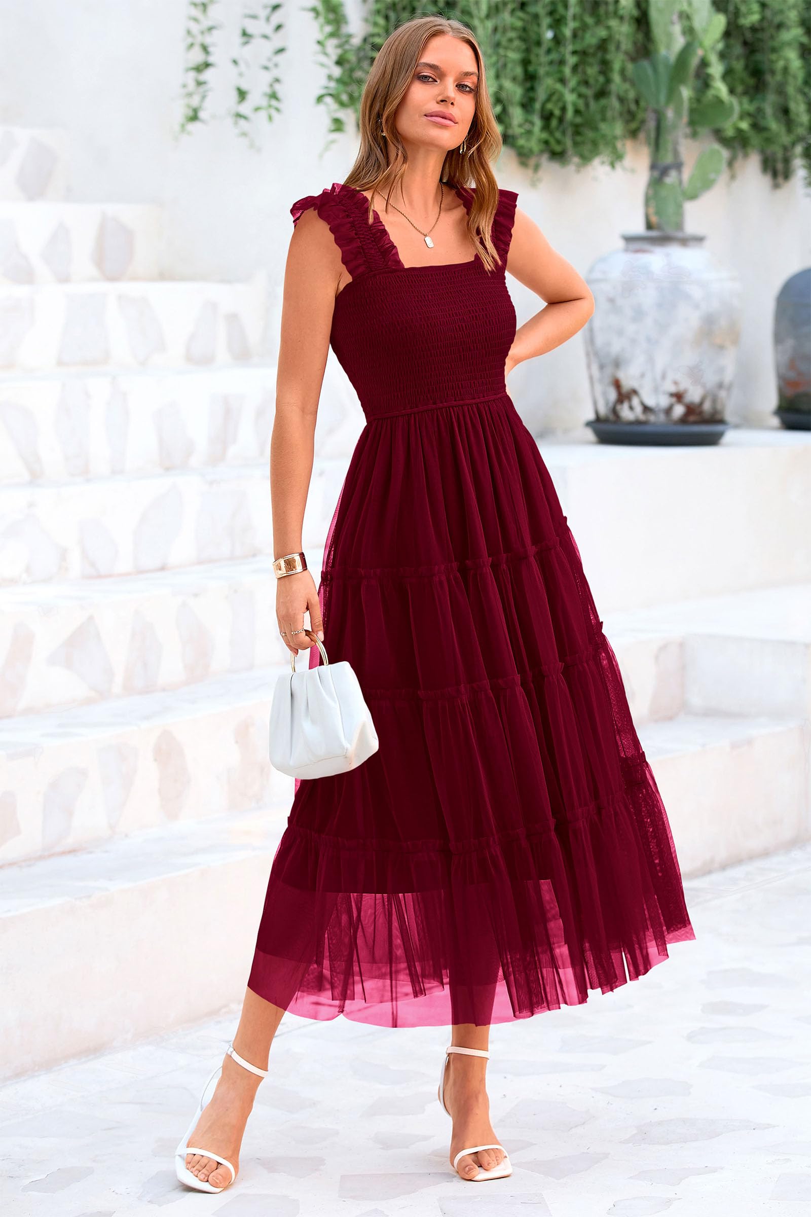 PRETTYGARDEN Women's Summer Tulle Midi Dress Sleeveless Smocked Ruffle Flowy Mesh Dresses Party Wedding Guest Sundress