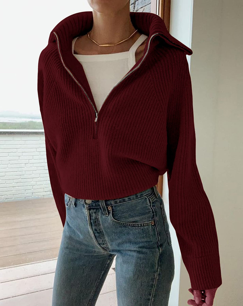 BTFBM Womens Sweaters Quarter Zip Pullover V Neck Collar Long Sleeve Ribbed Knit Loose Casual Winter Fall Sweater