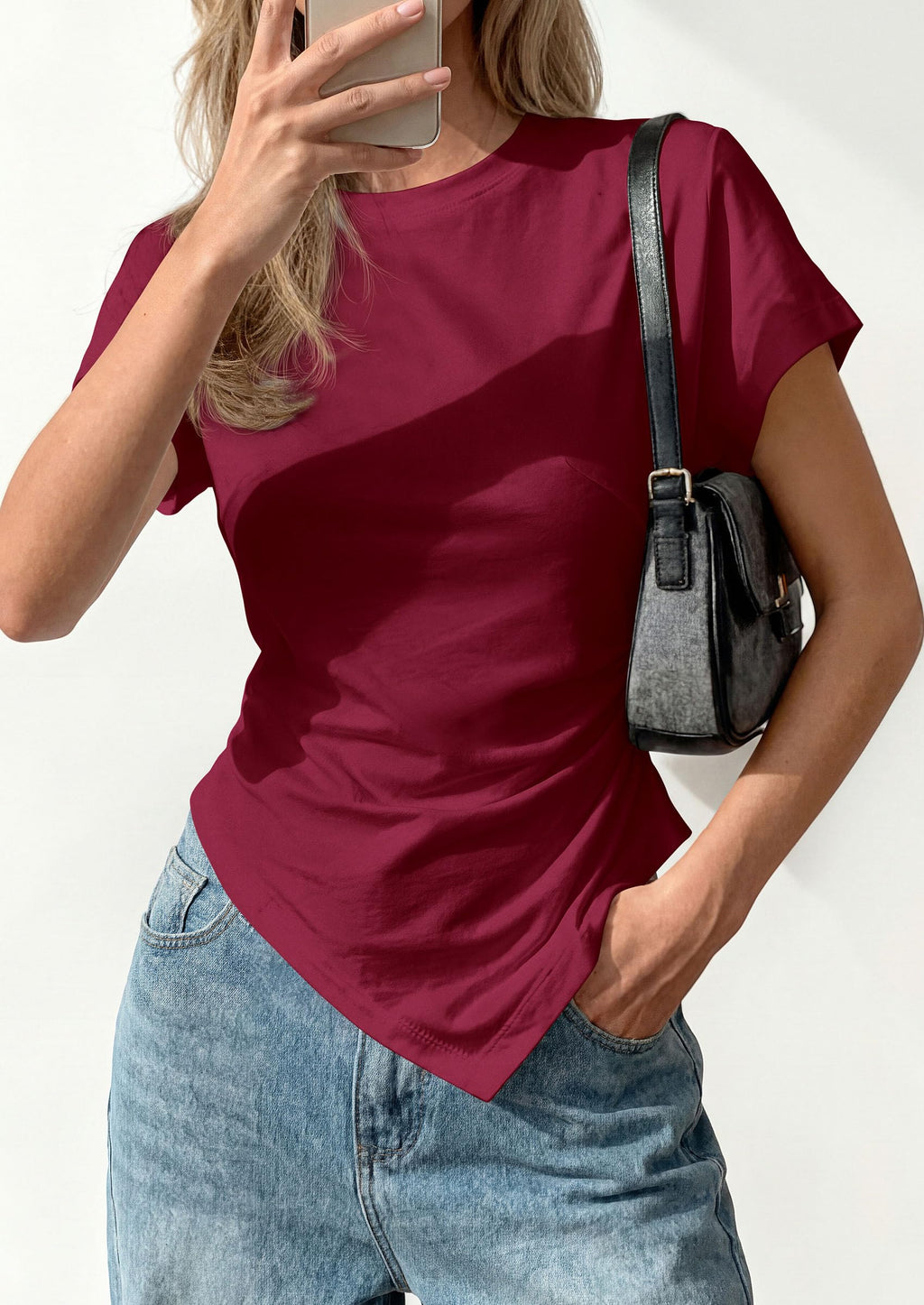 PRETTYGARDEN Womens Short Sleeve Crew Neck Trendy Shirts Spring Summer Y2K Going Out Tops Asymmetrical Ruched Blouse