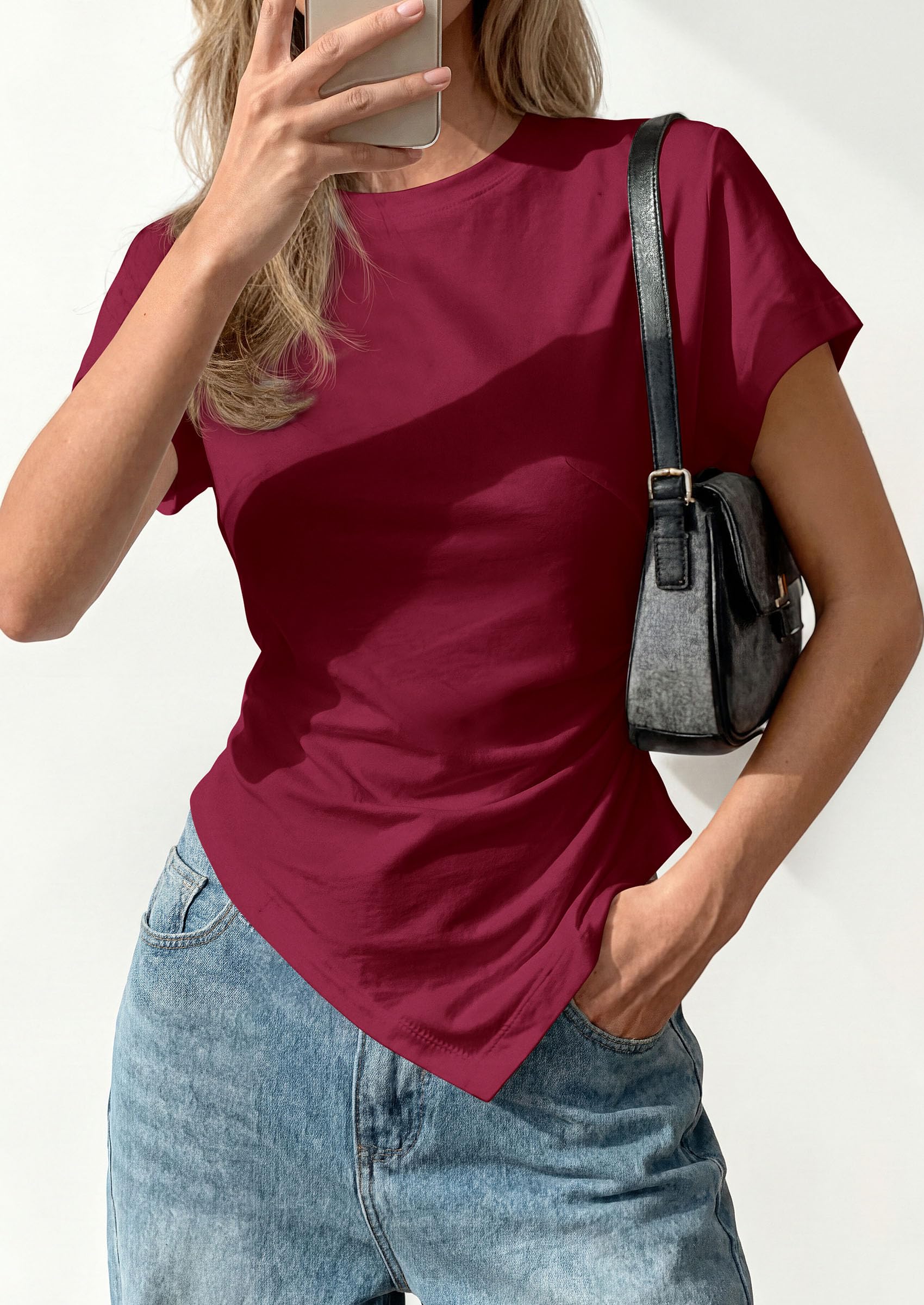 PRETTYGARDEN Womens Short Sleeve Crew Neck Trendy Shirts Spring Summer Y2K Going Out Tops Asymmetrical Ruched Blouse