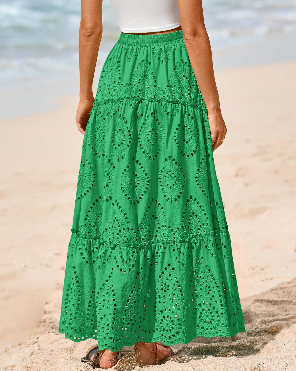 BTFBM Long Skirts for Women Summer Boho Lace Embroidery High Waist Flowy Tiered Spring Maxi Skirt Beach Vacation
