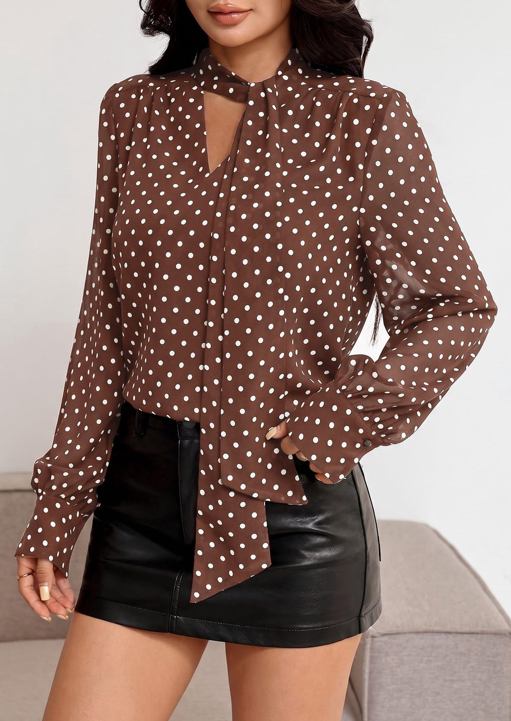 PRETTYGARDEN Women Chiffon Boho Blouses Dressy Casual Flowy Fall Tops, Long Sleeve V Neck Shirts with Tie, Elegant Date Night Outfit for Work Office, Going Out