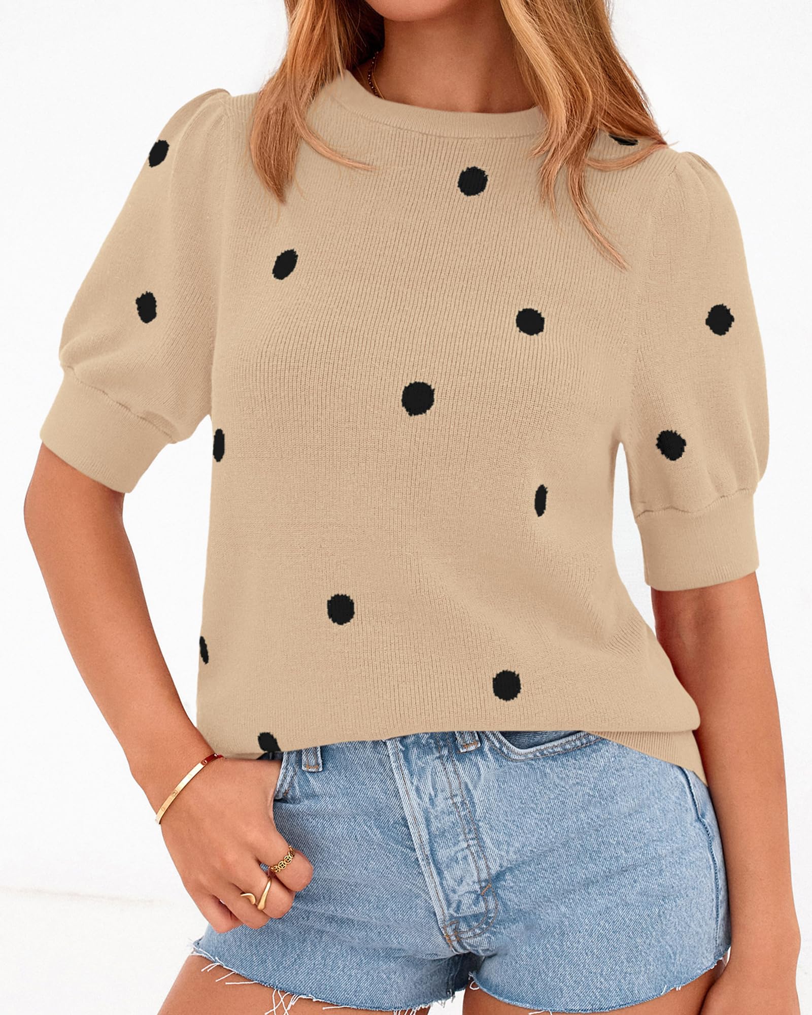 BTFBM Womens Sweaters Polka Dot Short Sleeve Sweater for Women Crew Neck Knit Summer Tops Business Dressy Casual Blouses